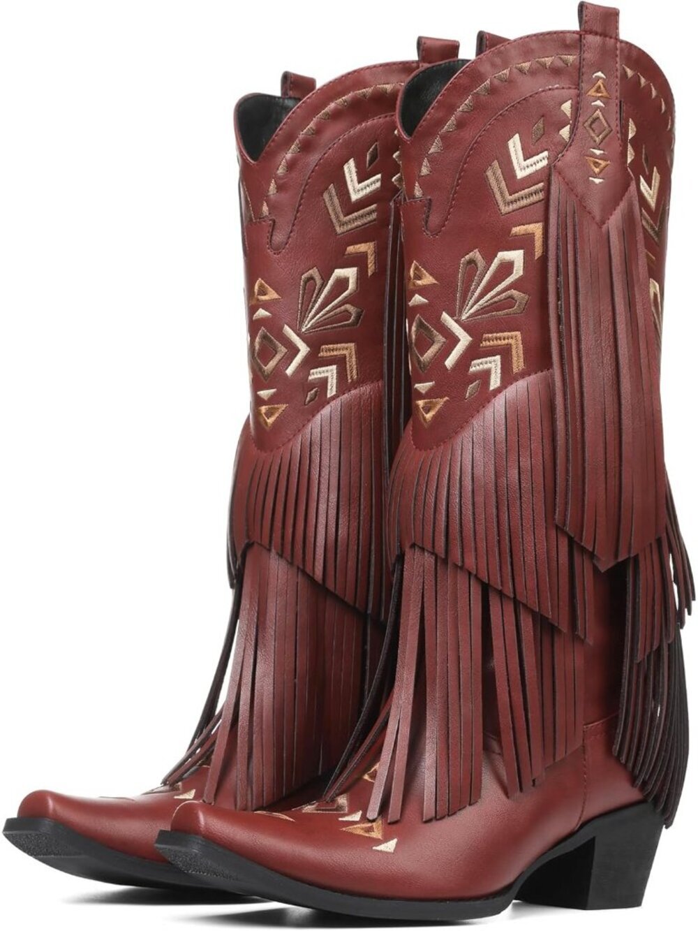 Women's Wine Red Cowgirl Knee High Fringe Boots Rubber Fleece Microfiber - Picture 4 of 5